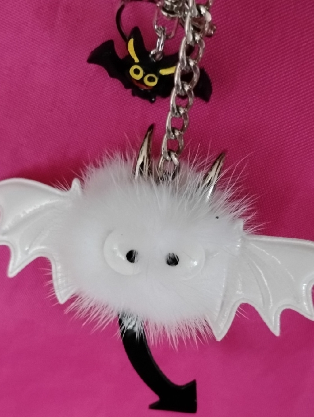 White Furry Bat Keychain Charm with Mini Bat Accent